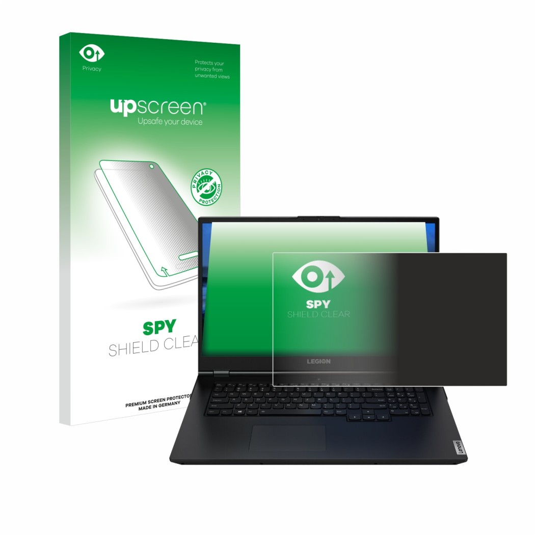 Parte frontal de un envase de producto con el logotipo de la marca upscreen. Al lado se muestra el dispositivo Lenovo Legion 5