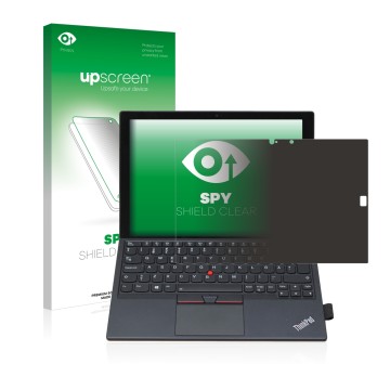 Face avant d’un emballage produit avec le logo de la marque upscreen. À côté, l’appareil Lenovo ThinkPad X1 Tablet Gen 2 est r