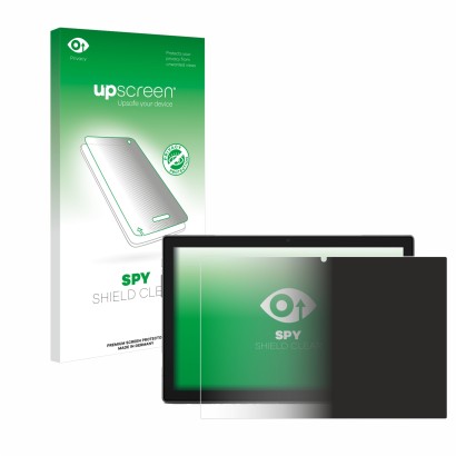Parte frontal de un envase de producto con el logotipo de la marca upscreen. Al lado se muestra el dispositivo Blackview Tab 9
