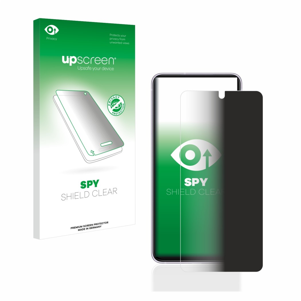 Parte frontal de un envase de producto con el logotipo de la marca upscreen. Al lado se muestra el dispositivo Samsung Galaxy 