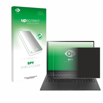 Face avant d’un emballage produit avec le logo de la marque upscreen. À côté, l’appareil LG gram 16'' 2-in-1 Touch est représe