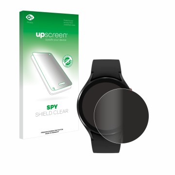 Vorderseite einer Produktverpackung mit dem Markenlogo upscreen. Daneben ist das Gerät Samsung Galaxy Watch 4 (44mm) mit dem z