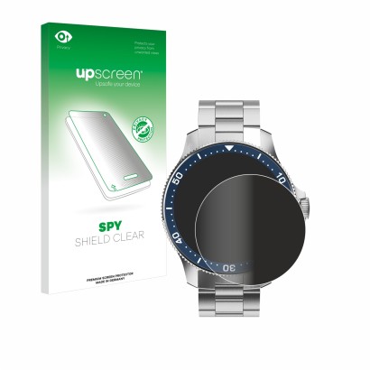 Face avant d’un emballage produit avec le logo de la marque upscreen. À côté, l’appareil Withings ScanWatch Horizon (43 mm) es