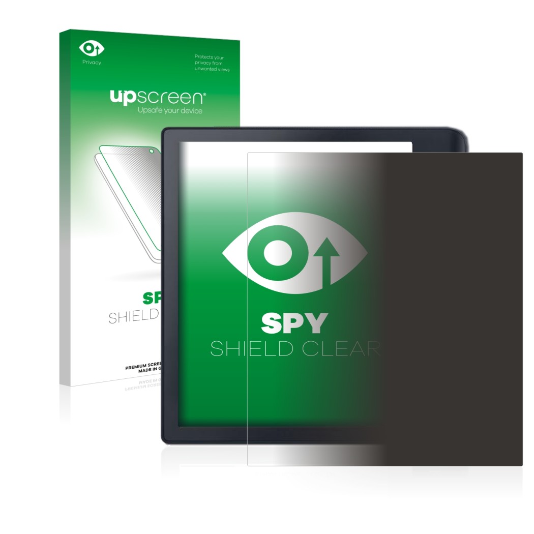 Parte frontal de un envase de producto con el logotipo de la marca upscreen. Al lado se muestra el dispositivo Kobo Sage con s