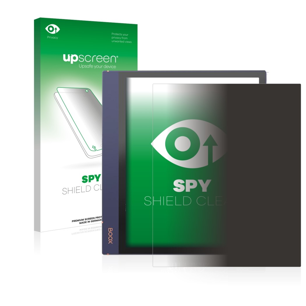 Vorderseite einer Produktverpackung mit dem Markenlogo upscreen. Daneben ist das Gerät Boox Note Air 2 mit dem zugehörigen Dis