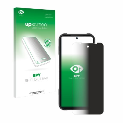 Vorderseite einer Produktverpackung mit dem Markenlogo upscreen. Daneben ist das Gerät Doogee V20 mit dem zugehörigen Displays