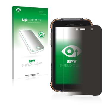 Face avant d’un emballage produit avec le logo de la marque upscreen. À côté, l’appareil Doogee S35T est représenté avec la pr