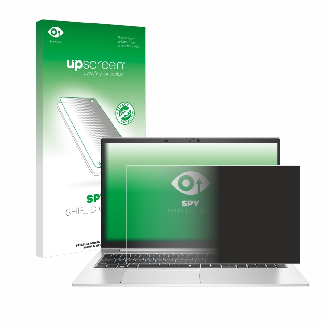Vorderseite einer Produktverpackung mit dem Markenlogo upscreen. Daneben ist das Gerät HP EliteBook 850 G8 mit dem zugehörigen