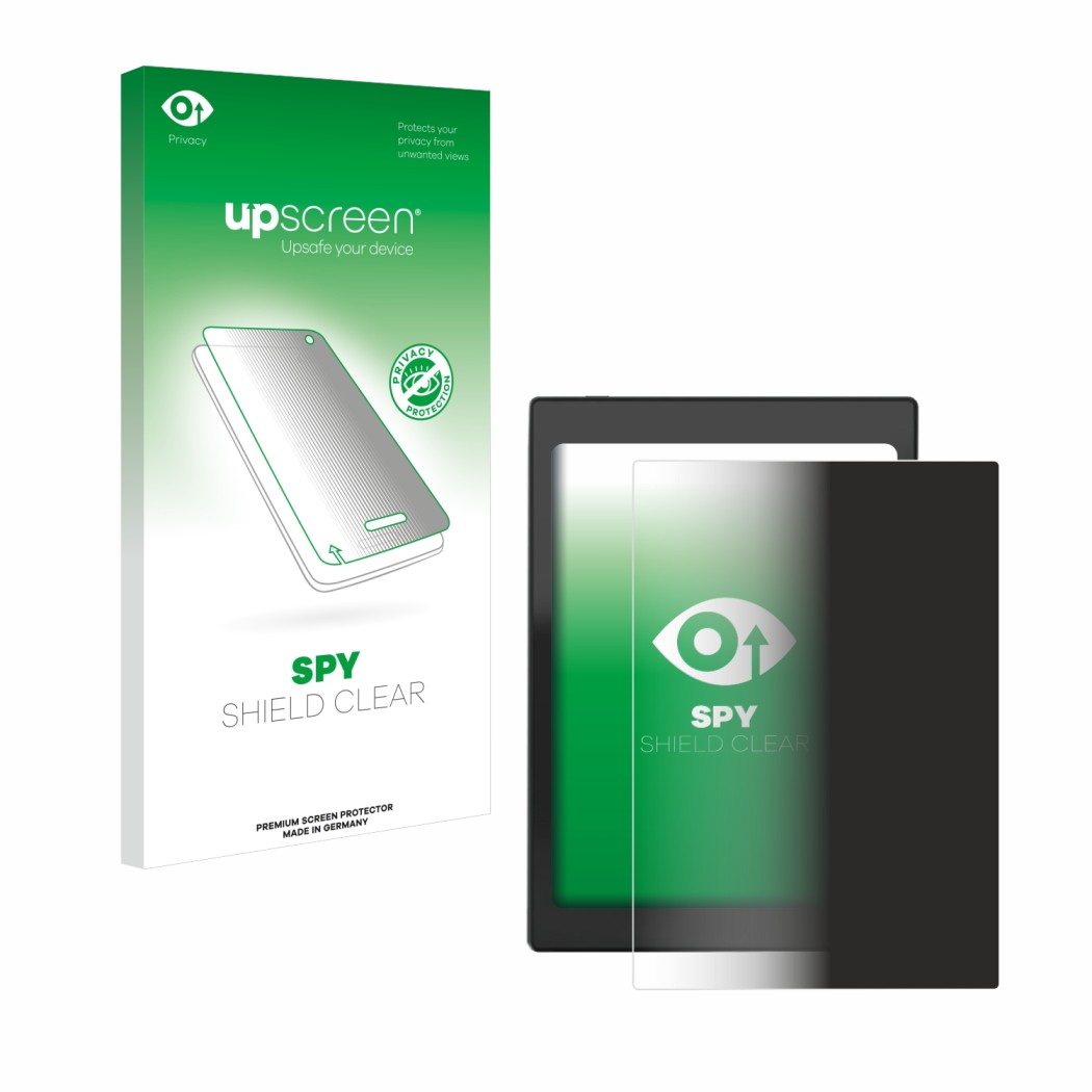 Parte frontal de un envase de producto con el logotipo de la marca upscreen. Al lado se muestra el dispositivo Boox Nova Air C