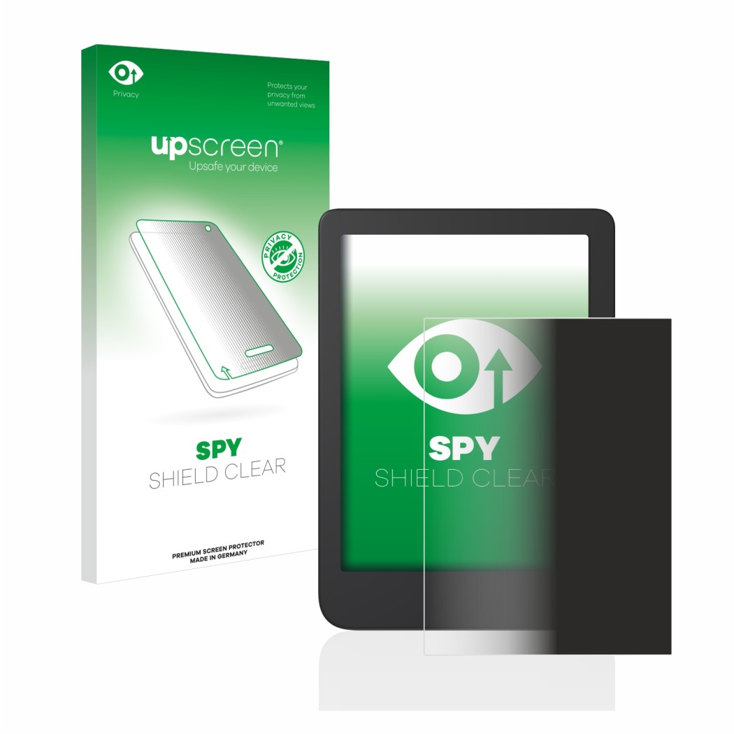 Vorderseite einer Produktverpackung mit dem Markenlogo upscreen. Daneben ist das Gerät Tolino Shine 4 mit dem zugehörigen Disp