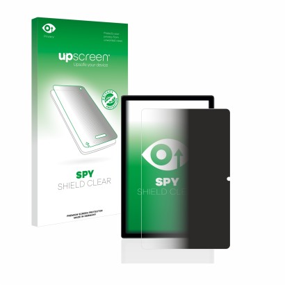 Parte frontal de un envase de producto con el logotipo de la marca upscreen. Al lado se muestra el dispositivo Blackview Tab 1