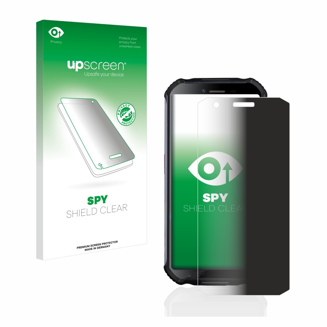 Vorderseite einer Produktverpackung mit dem Markenlogo upscreen. Daneben ist das Gerät Doogee S41 mit dem zugehörigen Displays