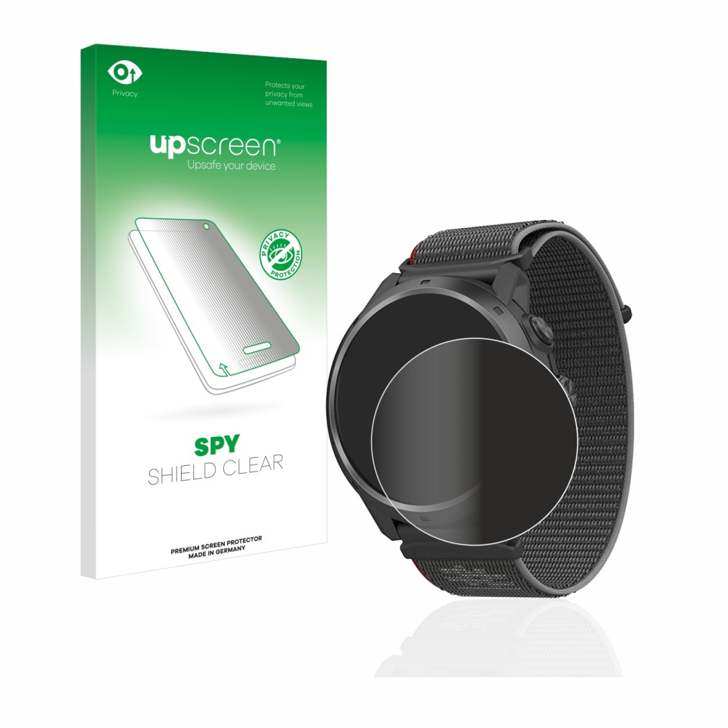 Face avant d’un emballage produit avec le logo de la marque upscreen. À côté, l’appareil Coros Apex 2 Pro est représenté avec 