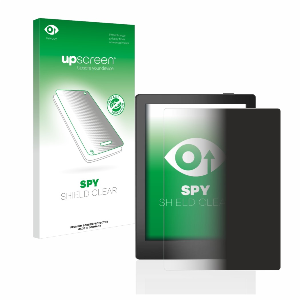 Parte frontale di una confezione del prodotto con il logo del marchio upscreen. Accanto è raffigurato il dispositivo Boox Poke