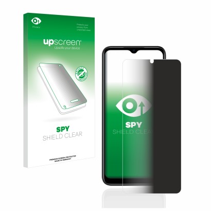 Parte frontal de un envase de producto con el logotipo de la marca upscreen. Al lado se muestra el dispositivo Doogee N50 con