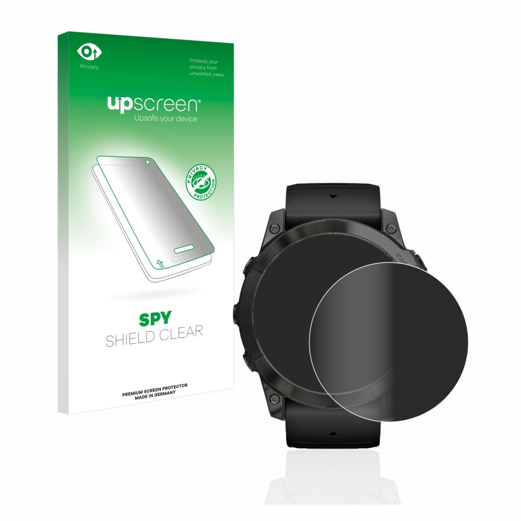 Vorderseite einer Produktverpackung mit dem Markenlogo upscreen. Daneben ist das Gerät Garmin Epix Pro (Gen 2) (51 mm) mit dem