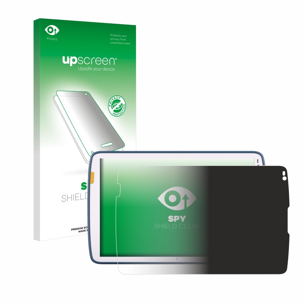 Parte frontal de un envase de producto con el logotipo de la marca upscreen. Al lado se muestra el dispositivo Zebra ET40 10.1