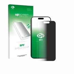 Parte frontal de un envase de producto con el logotipo de la marca upscreen. Al lado se muestra el dispositivo Apple iPhone 15