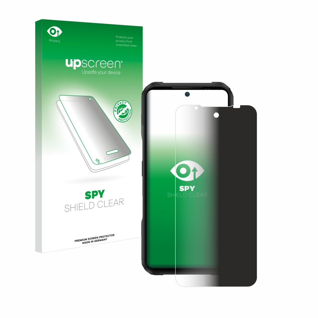 Vorderseite einer Produktverpackung mit dem Markenlogo upscreen. Daneben ist das Gerät Doogee V20 Pro mit dem zugehörigen Disp