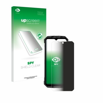 Parte frontal de un envase de producto con el logotipo de la marca upscreen. Al lado se muestra el dispositivo Doogee S110 con