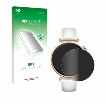 Vorderseite einer Produktverpackung mit dem Markenlogo upscreen. Daneben ist das Gerät Huawei Watch GT 4 (41mm) mit dem zugehö