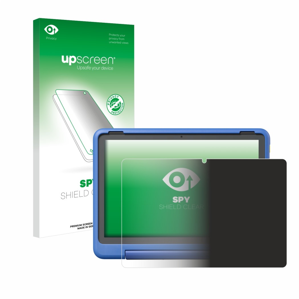 Face avant d’un emballage produit avec le logo de la marque upscreen. À côté, l’appareil Amazon Fire HD 10 Kids Pro 2023 est r