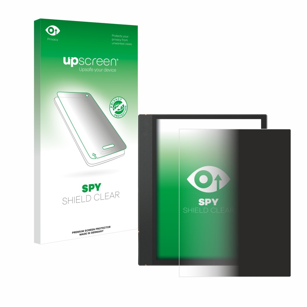 Parte frontale di una confezione del prodotto con il logo del marchio upscreen. Accanto è raffigurato il dispositivo Boox Note