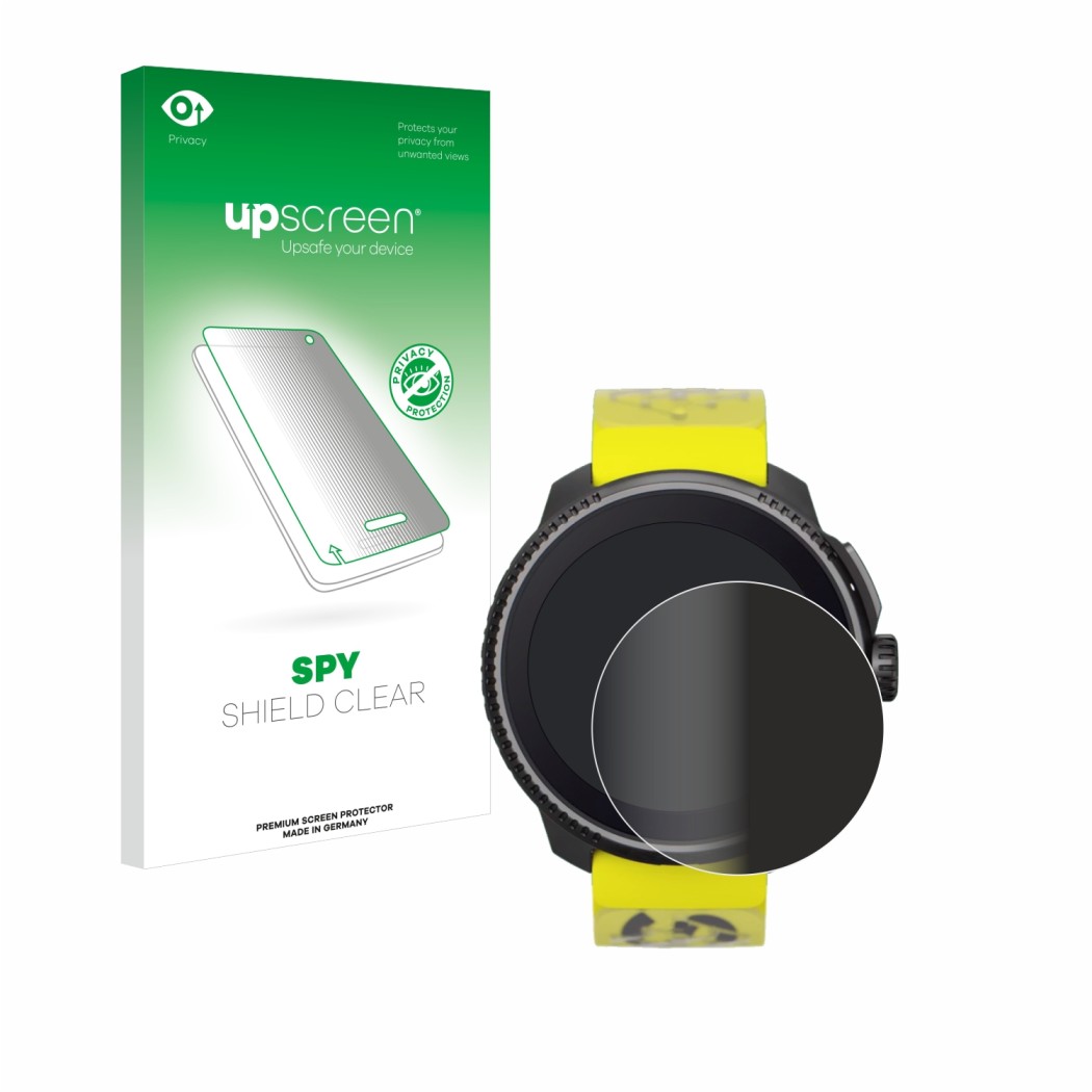 Vorderseite einer Produktverpackung mit dem Markenlogo upscreen. Daneben ist das Gerät Suunto Race mit dem zugehörigen Display