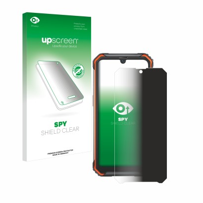 Parte frontal de un envase de producto con el logotipo de la marca upscreen. Al lado se muestra el dispositivo Blackview BV720
