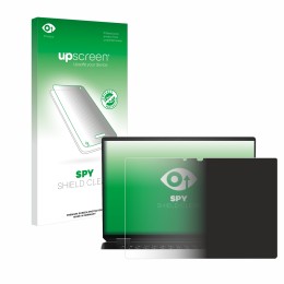 Parte frontal de un envase de producto con el logotipo de la marca upscreen. Al lado se muestra el dispositivo HP Spectre x360