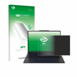 Parte frontal de un envase de producto con el logotipo de la marca upscreen. Al lado se muestra el dispositivo Lenovo ThinkPad