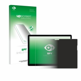 Parte frontal de un envase de producto con el logotipo de la marca upscreen. Al lado se muestra el dispositivo Dell Latitude 7