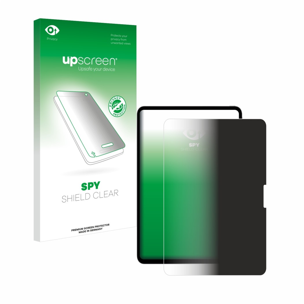 Face avant d’un emballage produit avec le logo de la marque upscreen. À côté, l’appareil Apple iPad Pro 13