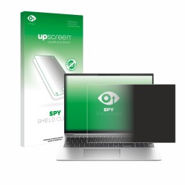Parte frontal de un envase de producto con el logotipo de la marca upscreen. Al lado se muestra el dispositivo HP EliteBook 84