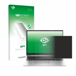 Parte frontal de un envase de producto con el logotipo de la marca upscreen. Al lado se muestra el dispositivo HP EliteBook 86