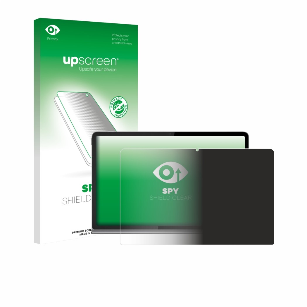Parte frontal de un envase de producto con el logotipo de la marca upscreen. Al lado se muestra el dispositivo Lenovo Tab Plus