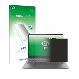 Parte frontal de un envase de producto con el logotipo de la marca upscreen. Al lado se muestra el dispositivo Lenovo Yoga 7i 