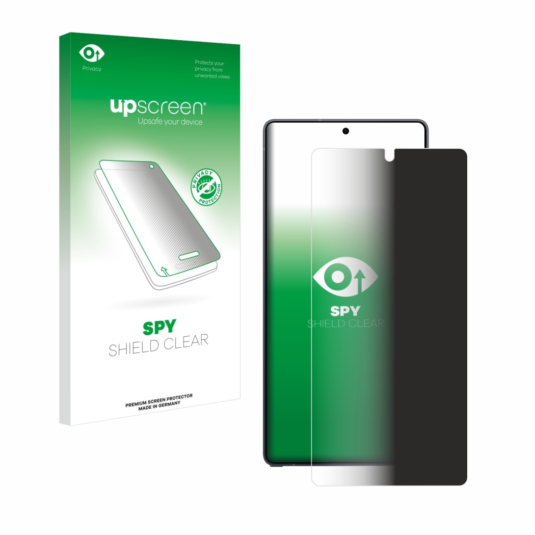 Parte frontal de un envase de producto con el logotipo de la marca upscreen. Al lado se muestra el dispositivo Samsung Galaxy 