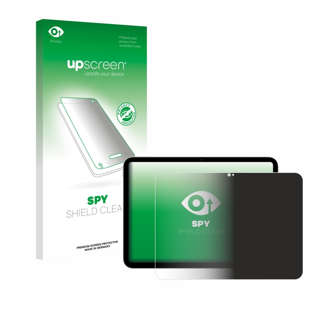 Parte frontal de un envase de producto con el logotipo de la marca upscreen. Al lado se muestra el dispositivo Apple iPad A16 