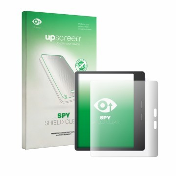Vorderseite einer Produktverpackung mit dem Markenlogo upscreen. Daneben ist das Gerät Boox Leaf 5 mit dem zugehörigen Display