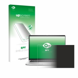 Parte frontal de un envase de producto con el logotipo de la marca upscreen. Al lado se muestra el dispositivo Dell Pro 14 Plu