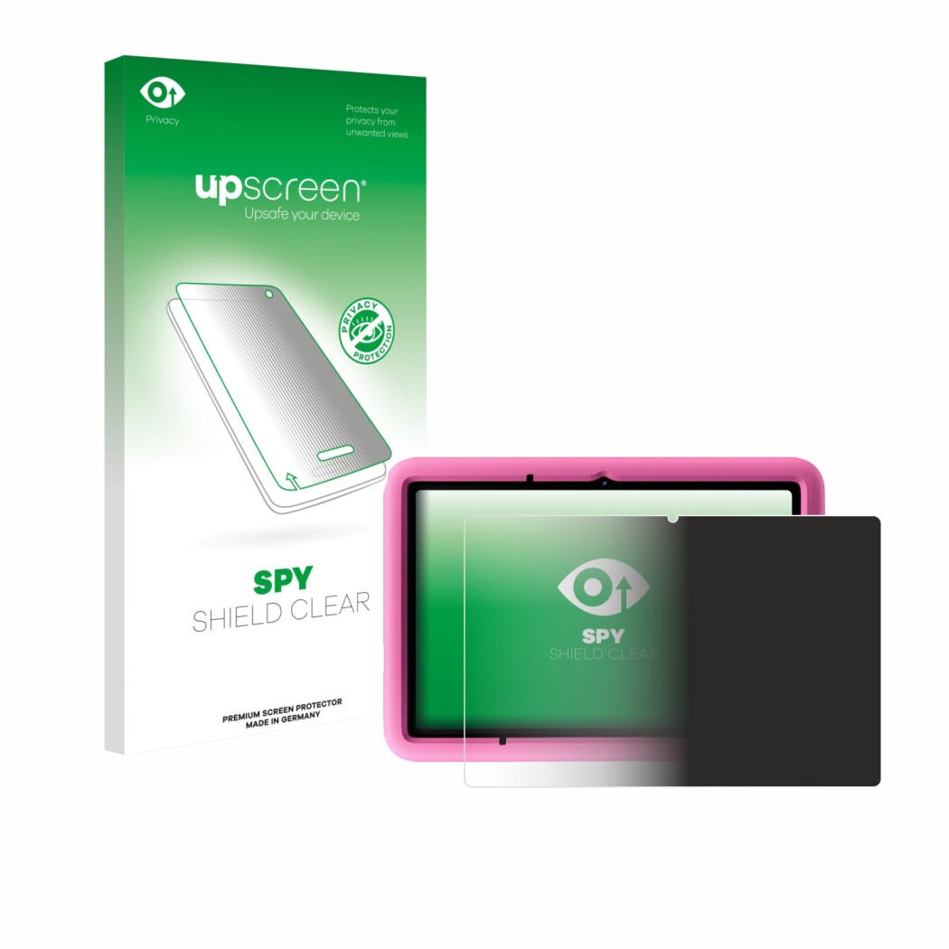 Vorderseite einer Produktverpackung mit dem Markenlogo upscreen. Daneben ist das Gerät Blackview Tab A6 Kids mit dem zugehörig