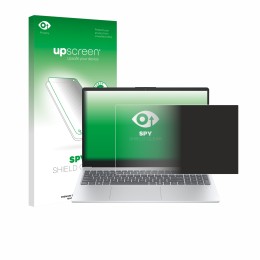 Parte frontal de un envase de producto con el logotipo de la marca upscreen. Al lado se muestra el dispositivo HP OmniBook 3 1