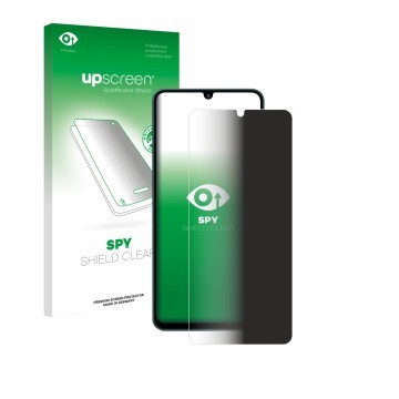 Vorderseite einer Produktverpackung mit dem Markenlogo upscreen. Daneben ist das Gerät Samsung Galaxy F07 mit dem zugehörigen 