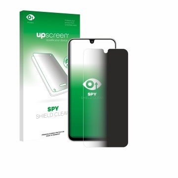 Vorderseite einer Produktverpackung mit dem Markenlogo upscreen. Daneben ist das Gerät Samsung Galaxy M16 mit dem zugehörigen 