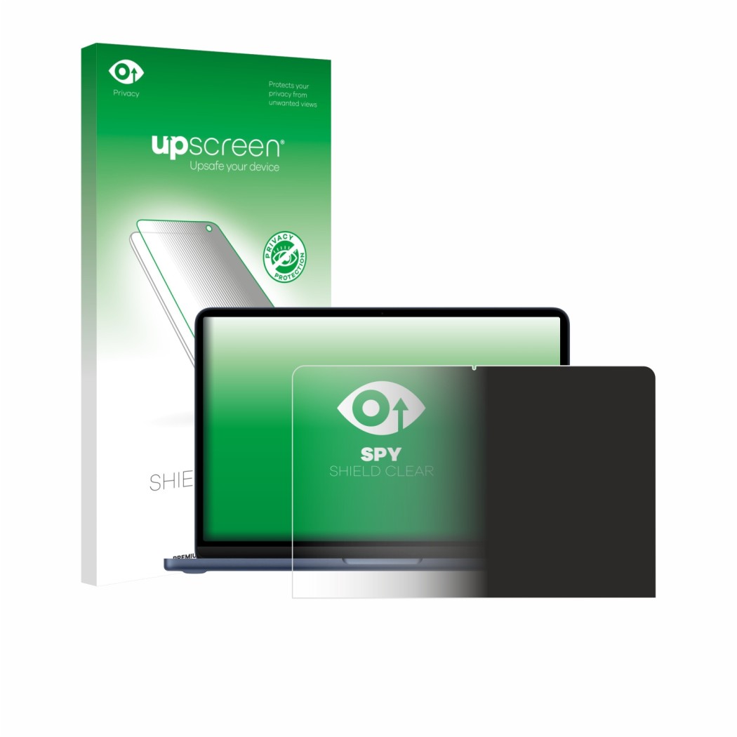 Parte frontal de un envase de producto con el logotipo de la marca upscreen. Al lado se muestra el dispositivo Apple MacBook N