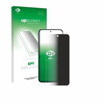 Parte frontal de un envase de producto con el logotipo de la marca upscreen. Al lado se muestra el dispositivo realme C85 5G c