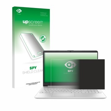 Parte frontal de un envase de producto con el logotipo de la marca upscreen. Al lado se muestra el dispositivo HP 15s-fq2000 c