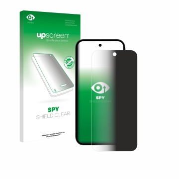 Parte frontal de un envase de producto con el logotipo de la marca upscreen. Al lado se muestra el dispositivo Google Pixel 10