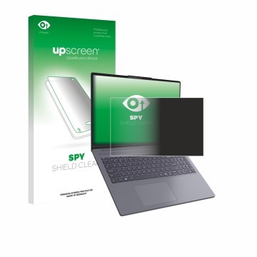 Parte frontal de un envase de producto con el logotipo de la marca upscreen. Al lado se muestra el dispositivo Lenovo IdeaPad 